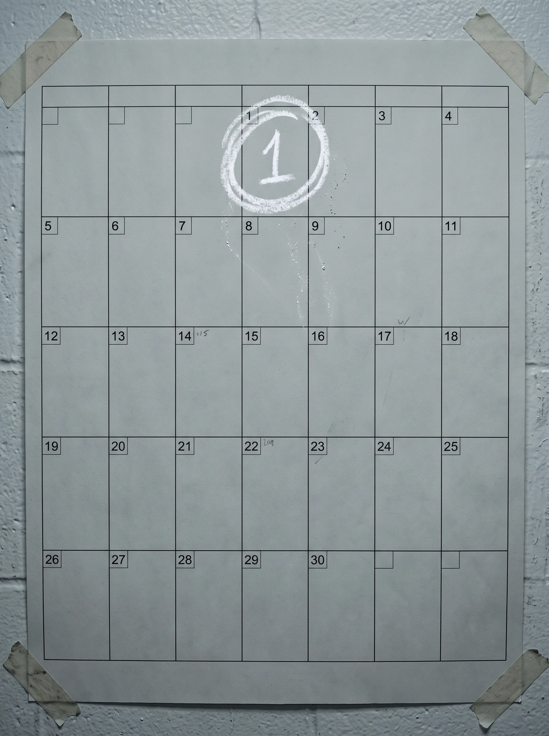 A grey wall calendar with the first of the month ringed in chalk, everything else left blank.