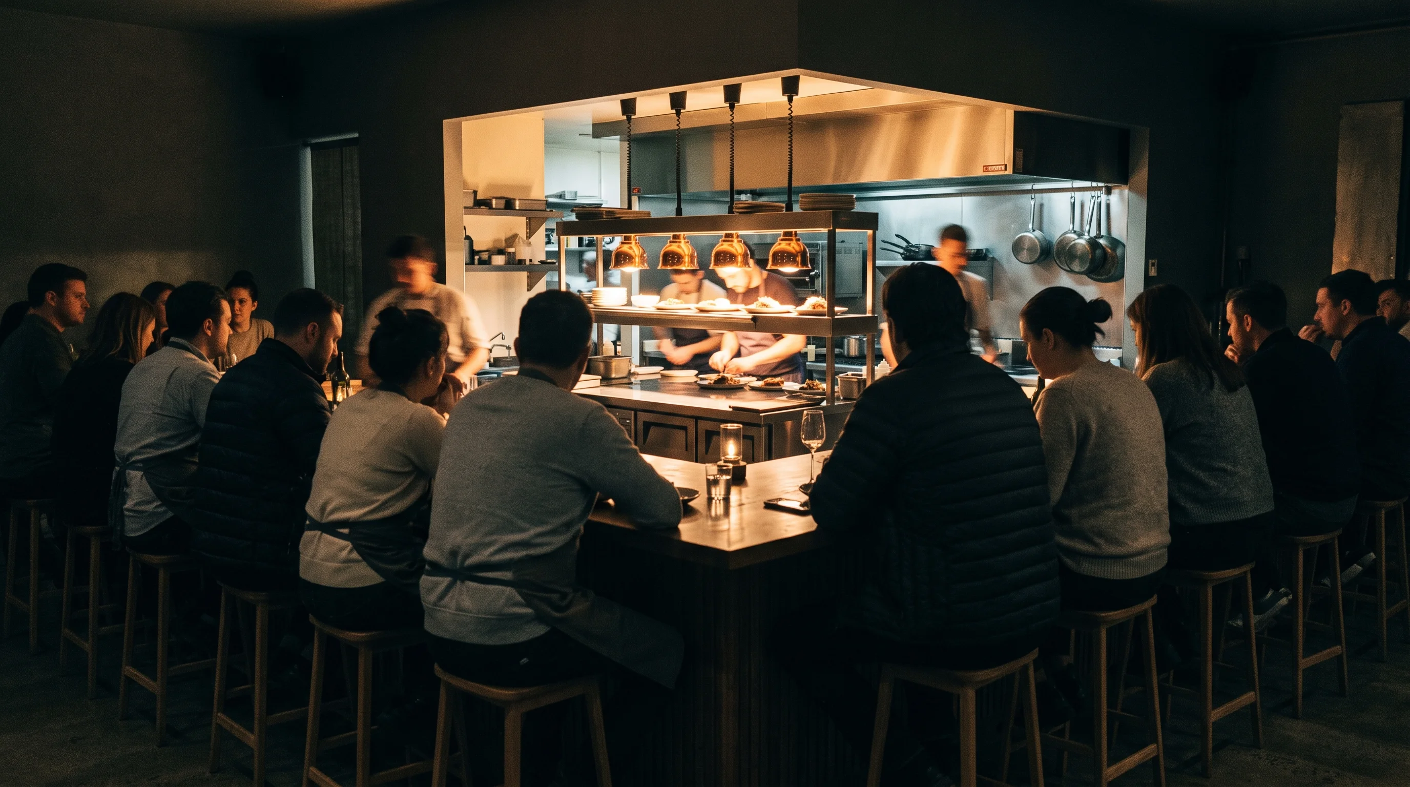 The counter at night: guests' backs in soft focus, eighteen chairs in a row, the kitchen pass lit like a workbench, condensation on the glasses.