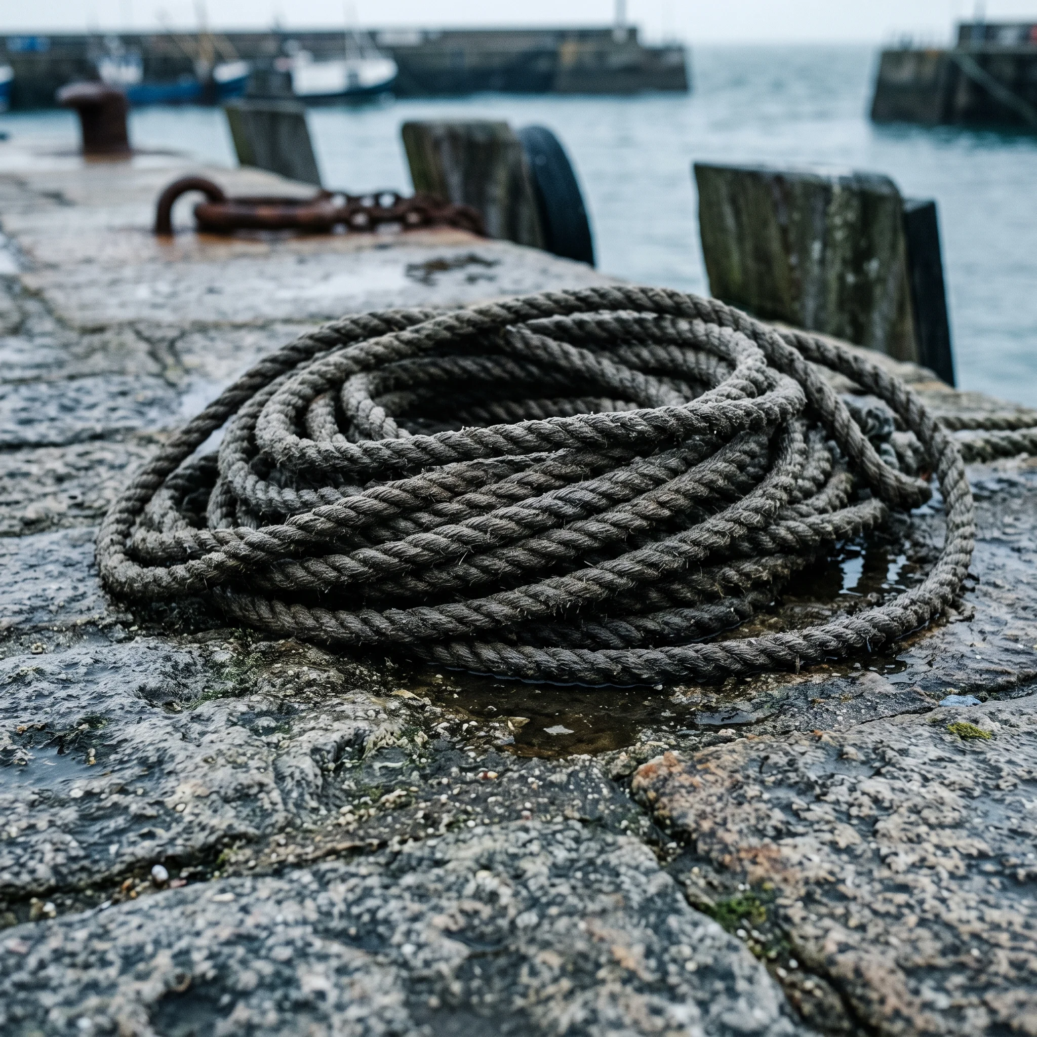 Wet rope coiled on a concrete harbour wall at Folkestone in flat grey light.
