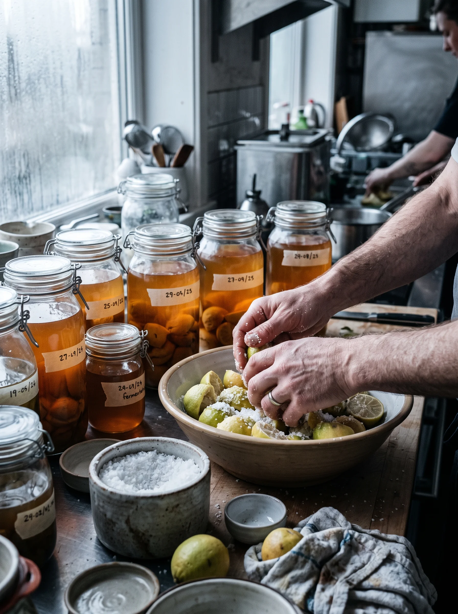 Glass jars of amber brine with dated masking-tape labels, while a pair of hands salts gooseberries into an open jar.